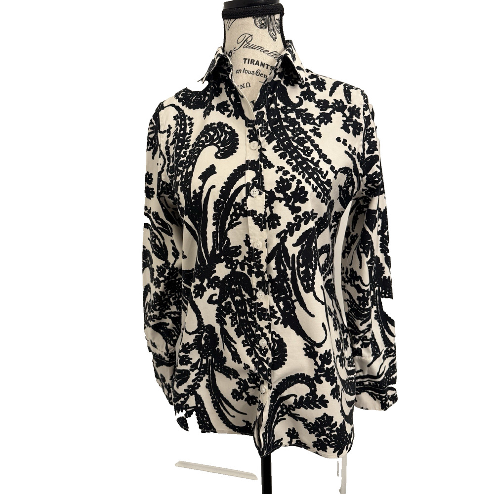 Chico’s Blouse Women’s Size 00 US 2 Black/Cream Floral Print Long Sleeve